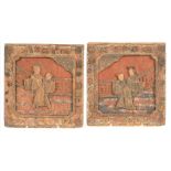 A PAIR OF CHINESE CARVED AND PAINTED SOFT WOOD PANELS, 23 X 20.5CM, 19TH/EARLY 20TH C