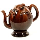 A BRAMED TYPE ROCKINGHAM BROWN GLAZED CADOGAN TEAPOT, 16CM H, C1830