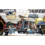 A SIX INCH BENCH GRINDER AND OTHER WORKSHOP EQUIPMENT AND HAND TOOLS