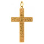 A VICTORIAN FOLIATE ENGRAVED GOLD CROSS, 4 X 2.5 CM APPROX, 4G++In good condition with light