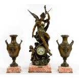 A FIN DE SIECLE FRENCH BRONZED SPELTER FIGURAL CLOCK IN THE FORM OF AURORA AFTER THE SCULPTURE BY