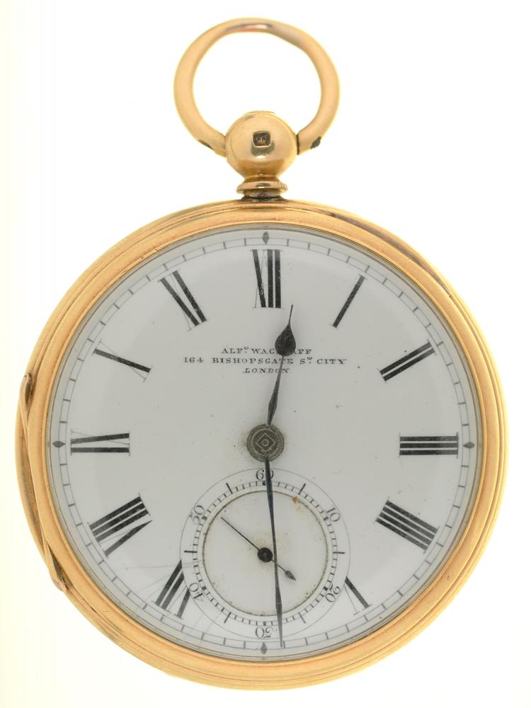 AN ALFRED WAGSTAFF 18CT GOLD GENTLEMAN'S LEVER WATCH, CASEMAKER HGMS, LONDON 1877, 5CM, 88.5G ++