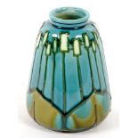 A MINTON'S SECESSIONIST VASE WITH SLIP TRAILED DECORATION ON A TURQUOISE GROUND, 11CM H, PRINTED