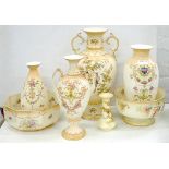 FOUR CROWN DUCAL VASES, TWO BOWLS AND A CANDLESTICK, DECORATED WITH BIRDS IN BRANCHES OR FLOWERS