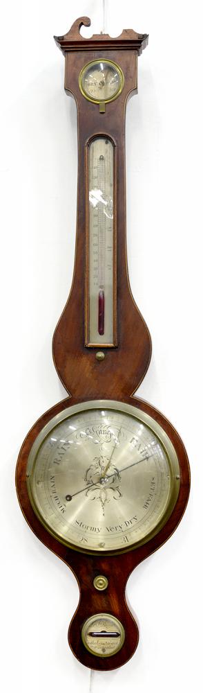 AN EARLY 19TH C MAHOGANY AND LINE INLAID BAROMETER, THE BUBBLE LEVEL INSCRIBED J & P BREGAZZI, MAKER