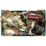 MISCELLANEOUS PLATED WARE, INCLUDING TROPHY CUPS, FLATWARE, ETC