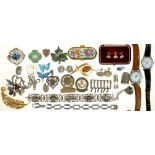 A NAUTICAL SILVER BRACELET, A PAIR OF ENAMELLED BUTTERFLY SCREWBACK EARRINGS, TWO WRISTWATCHES AND