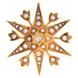 A VICTORIAN OLD CUT DIAMOND AND SPLIT PEARL STAR BROOCH, IN GOLD, UNMARKED, 3.5 CM APPROX, 7.5G++