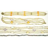 A FIVE ROW KEISHI PEARL NECKLACE, WITH AMETHYST, TOPAZ AND CITRINE AT INTERVALS, GOLD CLASP MARKED