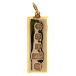 A 9CT GOLD INGOT PENDANT, SHEFFIELD 1977, 30.5G++GOD CONDITION WITH SOME LIGHT SURFACE WEAR