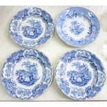 AN ELKIN AND NEWBON BLUE PRINTED EARTHENWARE BOTANICAL BEAUTIES PATTERN PLATE AND A SET OF FIVE BLUE