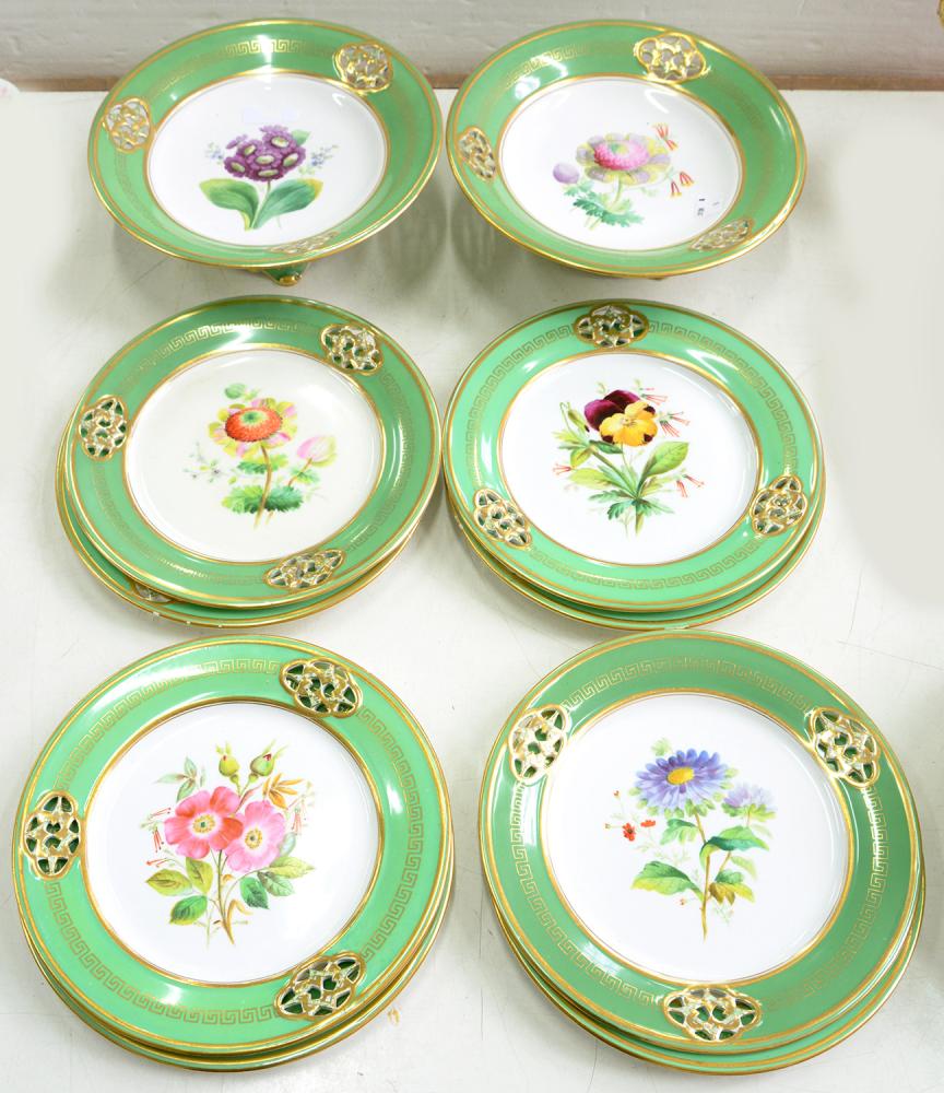 A SIR JAMES DUKE AND NEPHEWS BOTANICAL DESSERT SERVICE WITH PIERCED APPLE GREEN AND GILT BORDER,