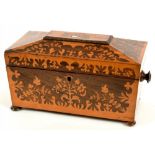 A VICTORIAN INLAID ROSEWOOD TEA CADDY OF SARCOPHAGUS SHAPE WITH FITTED INTERIOR, 30CM L