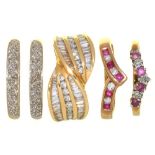 FIVE DIAMOND SET 9CT GOLD RINGS, COMPRISING A DIAMOND TWIST RING, TWO RUBY AND DIAMOND RINGS AND TWO