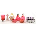 A COLLECTION OF VICTORIAN AND LATER CRANBERRY AND OTHER COLOURED GLASSWARE, TO INCLUDE TWO