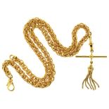 A GOLD CHAIN WITH TASSELED PENDANT, IN 9CT GOLD, 34G++LIGHT WEAR CONSISTENT WITH AGE