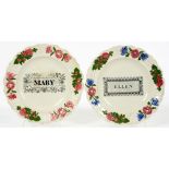 TWO MATCHING VICTORIAN MOULDED PEARL GLAZED EARTHENWARE CHILDREN'S NAME PLATES - MARY AND ELLEN,