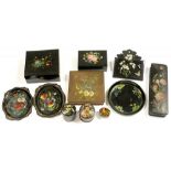 A COLLECTION OF MAINLY VICTORIAN PAPIER MACHE GLOVE AND OTHER BOXES, PAINTED WITH FLOWERS VARIOUS