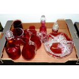 MISCELLANEOUS GLASSWARE, INCLUDING CRANBERRY CUT GLASS FRUIT BOWL, DECANTER, SCENT BOTTLE, ETC