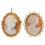 A SHELL CAMEO BROOCH IN 9CT GOLD, AND A SHELL CAMEO PENDANT BROOCH IN GOLD MARKED K14, 3 X 2 CM