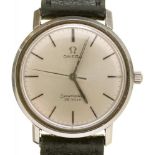 AN OMEGA STAINLESS STEEL SEAMASTER DE VILLE WRISTWATCH, LEATHER STRAP, 3.3 CM DIAMETER, CASED++LIGHT