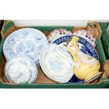 A SET OF SIX STAFFORDSHIRE BLUE PRINTED EARTHENWARE SOUP PLATES, A SET OF SEVEN STAFFORDSHIRE REAL