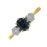 A SAPPHIRE AND DIAMOND RING, IN GOLD MARKED 18CT AND PLAT, 3G, SIZE P++LIGHT WEAR CONSISTENT WITH