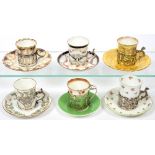 SIX COALPORT, AYNSLEY, CROWN STAFFORDSHIRE AND GEORGE JONES COFFEE CUPS AND SAUCERS, EACH WITH