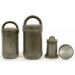 A VICTORIAN PEWTER TURRET SHAPED ICE CREAM MOULD AND COVER AND TWO GRADUATED ROUNDED CYLINDRICAL ICE