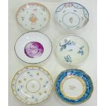 A STUDY COLLECTION OF FIVE LATE 18TH AND EARLY 19TH C ENGLISH AND ONE CHINESE, PORCELAIN SAUCERS,