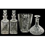 ONE AND A PAIR OF CUT GLASS DECANTERS AND STOPPERS AND A VASE