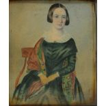 BRITISH NAIVE ARTIST, 19TH C, PORTRAIT MINIATURE OF A LADY, SEATED THREE QUARTER LENGTH,