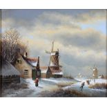 DUTCH SCHOOL, LATE 20TH CENTURY - A WINTER SCENE WITH SKATERS, INDISTINCTLY SIGNED, OIL ON PANEL, 24