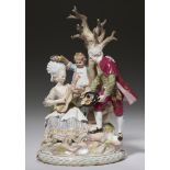 A MEISSEN GROUP OF A LADY AND GALLANT, LATE 19TH C, with boy attendant, 26cm h, impressed number,