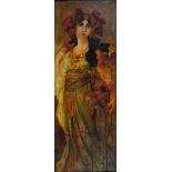 MANNER OF ALPHONSE MUCHA, EARLY 20TH C, SPRING, SIGNED R LEE, OIL ON CANVAS, 25 X 34CM