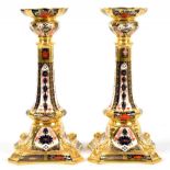 A PAIR OF ROYAL CROWN DERBY IMARI DOLPHIN CANDLESTICKS, 26CM H, PRINTED MARK