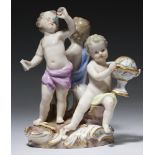 A MEISSEN GROUP OF THREE INFANT ASTRONOMERS, LATE 19TH C, 12cm h, incised A12, crossed swords++