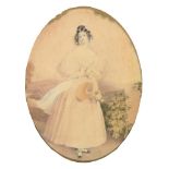 ENGLISH SCHOOL, EARLY 19TH C, PORTRAIT OF A YOUNG WOMAN, LANDSCAPE BEYOND, WATERCOLOUR, OVAL, 48 X