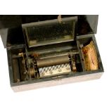 A SWISS MUSICAL BOX, WITH 14.5CM PINNED CYLINDER AND ONE PIECE COMB, INLAID AND EBONISED ROSEWOOD