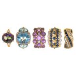 FIVE GEM SET 9CT GOLD RINGS, INCLUDING TWO SAPPHIRE AND DIAMOND RINGS, AN AMETHYST AND DIAMOND