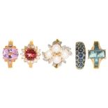 FIVE GEM SET 9CT GOLD RINGS, INCLUDING A PEARL AND DIAMOND RING AND A KUNZITE AND DIAMOND RING, 21.