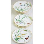 A SET OF THREE MINTONS BONE CHINA DESSERT PLATES AND A FRUIT STAND, PRINTED AND PAINTED WITH