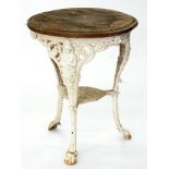 A CAST IRON BRITANNIA PATTERN PUB TABLE WITH WOOD TOP, 58CM D, EARLY 20TH C
