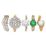 FIVE GEM SET 14CT GOLD RINGS, 15.5G, SIZE J - L++LIGHT WEAR CONSISTENT WITH AGE
