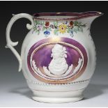 A STAFFORDSHIRE SUCCESS TO QUEEN CAROLINE LUSTRE WARE JUG, C1820, with oval relief moulded