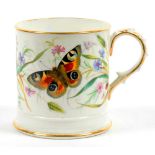 A STAFFORDSHIRE PORCELAIN MUG, PAINTED WITH BUTTERFLIES AND WILD FLOWERS, 10CM H, C1840