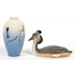 A ROYAL COPENHAGEN MODEL OF A GREBE AND A ROYAL COPENHAGEN VASE, 9.5 AND 14CM H, PRINTED AND PAINTED