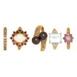 FIVE GEM SET 9CT GOLD RINGS, COMPRISING A DIAMOND BAND RING, A RUBY AND DIAMOND CLUSTER RING, AN
