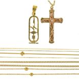 A QUANTITY OF 9CT GOLD JEWELLERY AND GOLD JEWELLERY MARKED 375, COMPRISING SEVEN CHAINS AND TWO