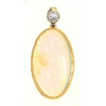 AN OPAL AND DIAMOND PENDANT, CABOCHON OPAL 1.8 X 1.1 CM APPROX, IN GOLD, UNMARKED++GOOD CONDITION